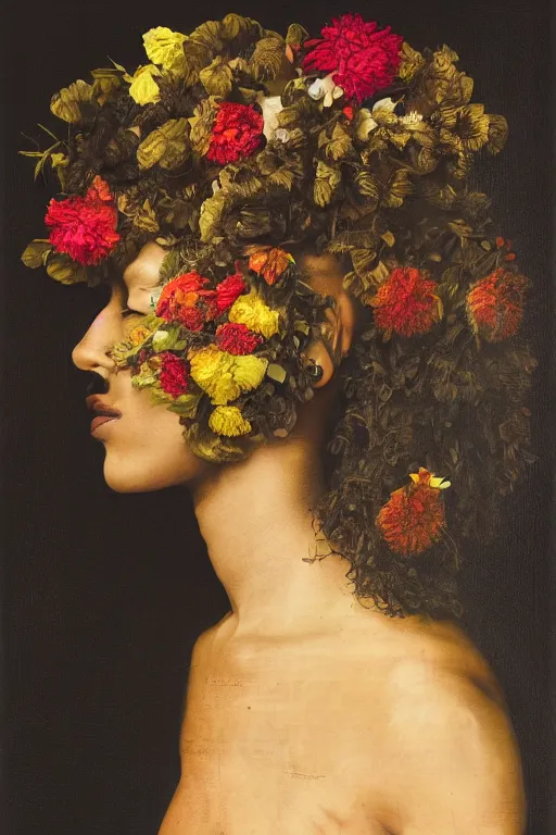 Prompt: an African American woman's face in profile, long dark hair, made of flowers and fruit, in the style of the Dutch masters and Gregory crewdson, dark and moody