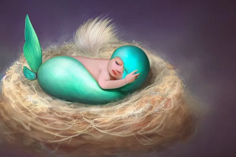 Prompt: a baby mermaid laying inside of an egg, photography, concept art, digital art, trending on artstation, 4 k, extremely detailed, realistic, photorealistic, anne geddes