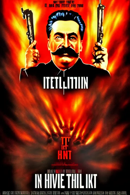 Image similar to movie poster, stalin in hell, scary poster in color, poster in 4 k