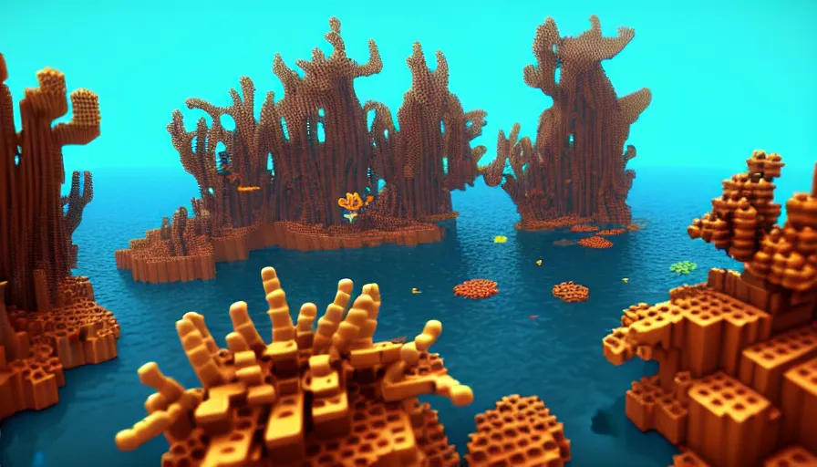 Prompt: voxel art steampunk coral reef, octane render, high detail, trending on artstation, high quality wallpaper