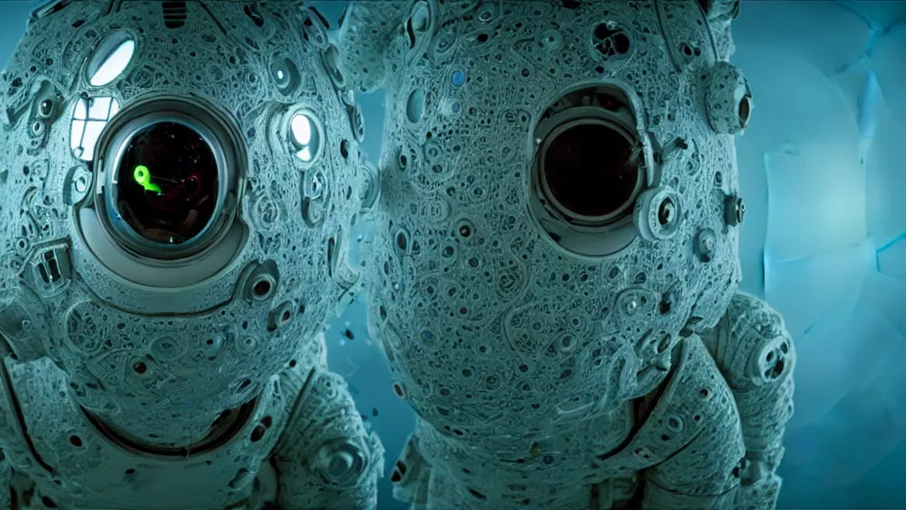 Image similar to a cybernetic symbiosis of a single astronaut eva suit swimming in infected with diamond 3d fractal lace iridescent bubble 3d skin covered with insectoid compound eye camera lenses floats through the living room, film still from the movie directed by Denis Villeneuve with art direction by Salvador Dalí, wide lens,