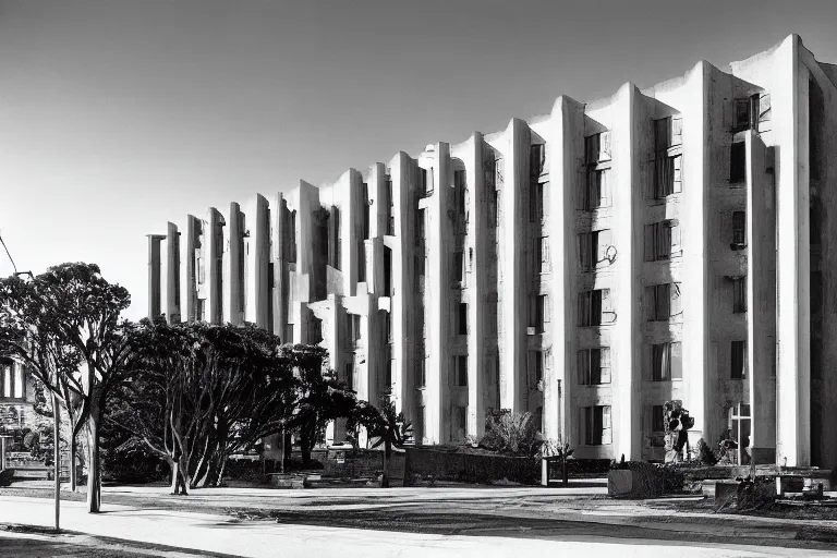 Prompt: rationalist architecture from the 1 9 4 0's, old photography, highly detailed, black and white photography, 1 7 mm, 8 k