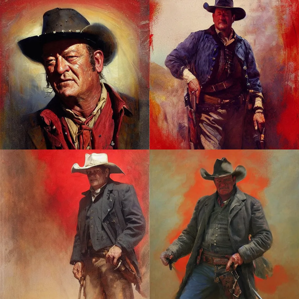 Image similar to Solomon Joseph Solomon and Richard Schmid and Jeremy Lipking victorian genre painting portrait painting of John Wayne a old rugged cowboys gunfighter old west character in fantasy costume, red background