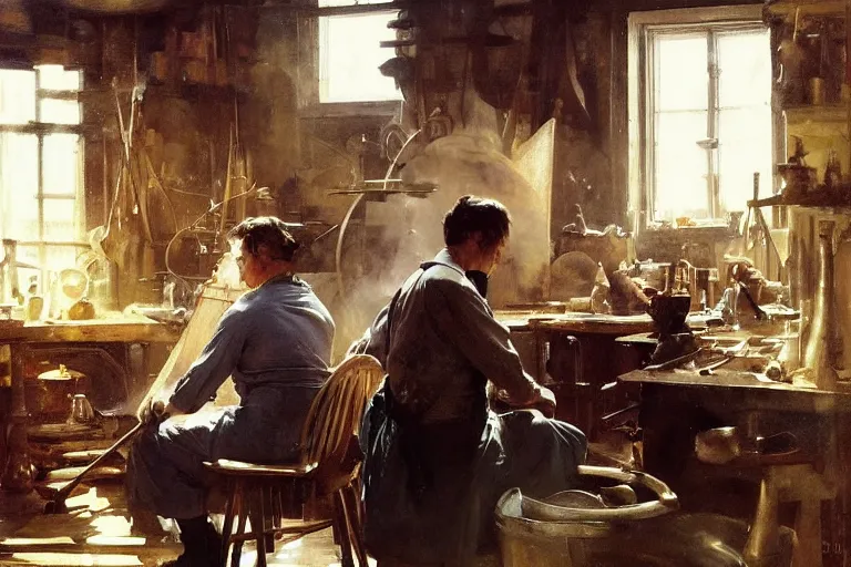 Image similar to oil painting of potter working on a beautiful piece in their workshop, art by anders zorn, wonderful masterpiece by greg rutkowski, beautiful cinematic light, american romanticism by greg manchess, jessica rossier and norman rockwell