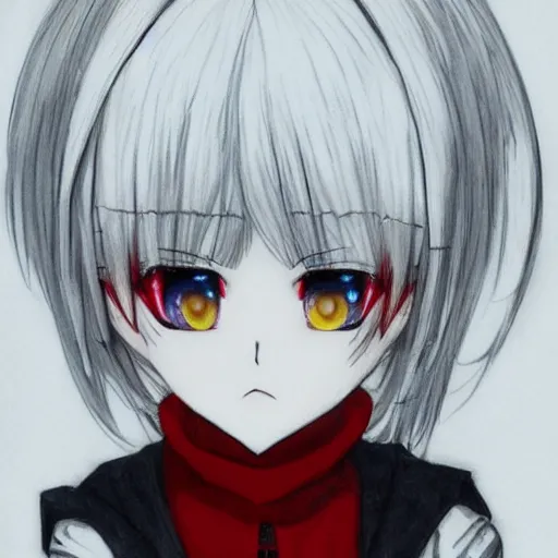 Image similar to white hair, red eyes, two little horn on the head, anime style, anime girl, sketch