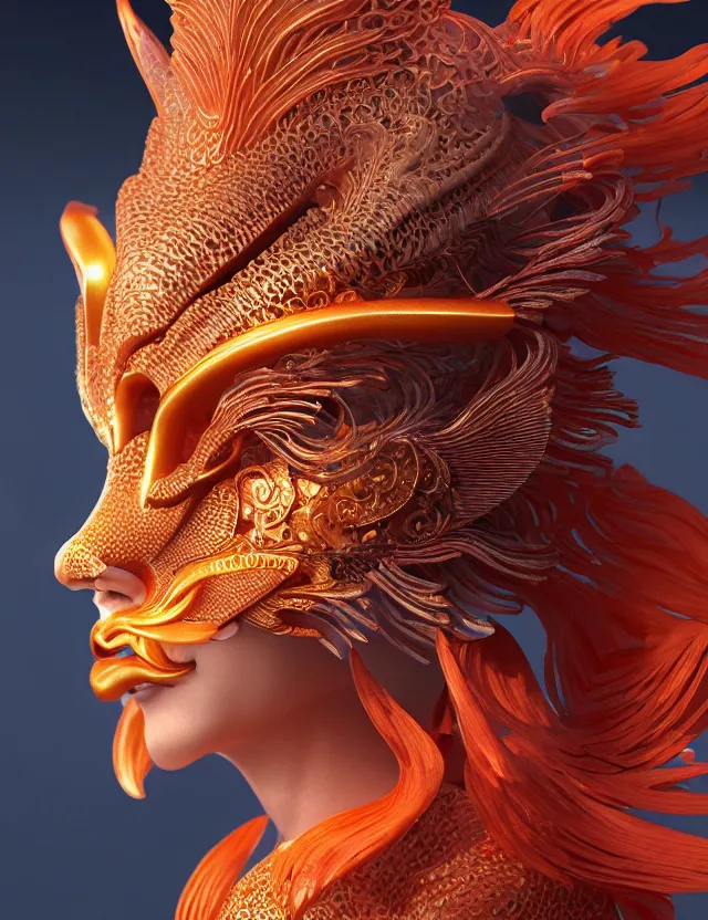 Image similar to 3 d goddess close - up profile portrait. beautiful intricately detailed japanese autumn fox mask and clasical japanese kimono. betta fish, jellyfish phoenix, bio luminescent, plasma, ice, water, wind, creature, artwork by tooth wu and wlop and beeple and greg rutkowski