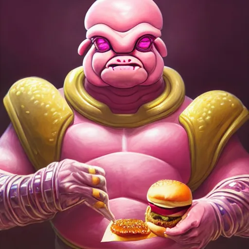 Prompt: portrait of krang from tmnt eating hamburgers, extra onions and ketchup, luscious patty with sesame seeds, feminine ethereal, handsome, d & d, fantasy, intricate, elegant, highly detailed, digital painting, artstation, concept art, matte, sharp focus, illustration, art by artgerm and greg rutkowski and alphonse mucha