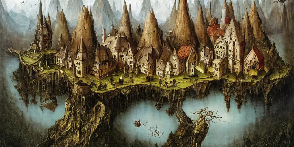 Image similar to beautiful Veduta painting gothic painting of a beatiful scenic rpg map with lakes, forests, mountain ranges, castles, villages, surrounded by snowy mountains, by Esao Andrews and Peter Gric and Hieronymus Bosch and De Es Schwertzberger