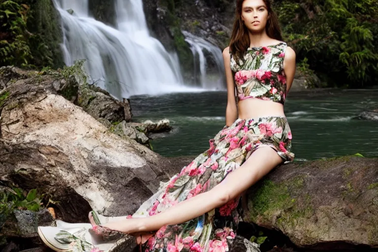 Image similar to cute model in nature wearing valentino 2 0 0 9 spring floral, lace, patterned, sheer skirt, lounging by a waterfall, tranquil fashion scene