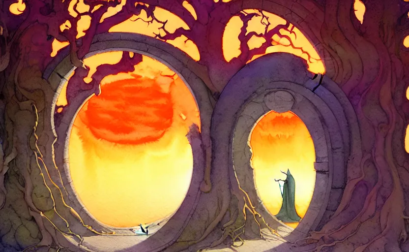Image similar to a hyperrealist watercolor concept art of a dimensional portal in the shape of a tree arch. a medieval monk in grey robes is nearby. an orange sunset is seen through the portal. very muted colors, by rebecca guay, michael kaluta, charles vess. high detail, hq, wide shot, 4 k