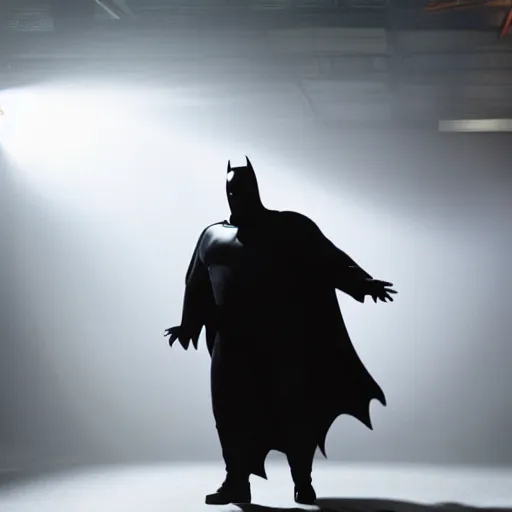 Image similar to from the movie a still of steven seagal as a fat batman, cinematic, studio lighting. god rays through fog. 4 k