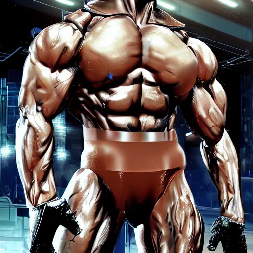 Image similar to a realistic detailed photo of a bodybuilder who is also a male android, Chris Redfield, shiny skin, posing robotically. blank stare