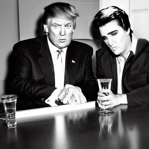 Prompt: donald trump and elvis drinking shots, hyper realistic, photography