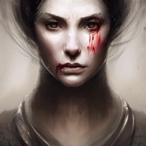 Prompt: portrait of a woman, sad, cry, gloomy, blood, fire, intricate, elegant, highly detailed, digital painting, artstation, concept art, matte, sharp focus, illustration, octane render, unreal engine, art by aenaluck and roberto ferri and greg rutkowski, epic fantasy, digital painting