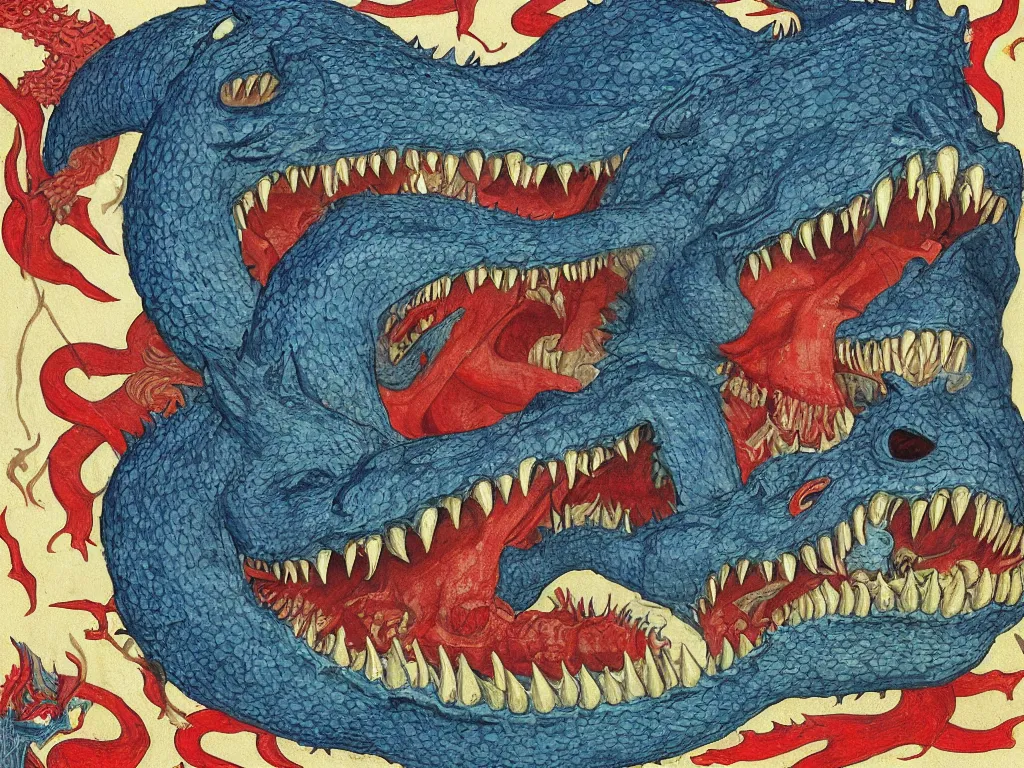 Image similar to close up of the giant open mouth of leviathan devil demon, with row of teeth, flames, snakes, people inside. painting by limbourg brothers, walton ford