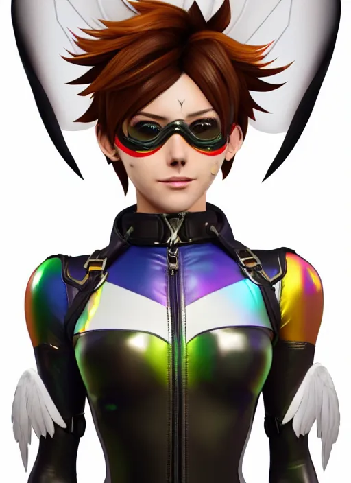 Image similar to portrait bust digital artwork of tracer overwatch, wearing white iridescent rainbow latex and leather straps catsuit outfit, 4 k, expressive happy smug expression, makeup, in style of mark arian, angel wings, wearing detailed black leather collar collar collar collar, chains, black leather harness, detailed face and eyes,