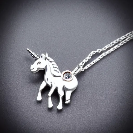 Image similar to a lovely cute silver cartoon unicorn necklace pendant, 3 d rendering, pandora style, tiffany style, swarovski style, van cleef & arpels style, cartier style, boucheron style, bulgari style, chaumet style, elegant, noble, stylish