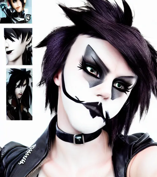 Image similar to tracer from overwatch, wearing black lipstick and black eyeliner, goth outfit, black hair, 4 k, detailed face, smirky expression, detailed face, focus on eyes, blur,