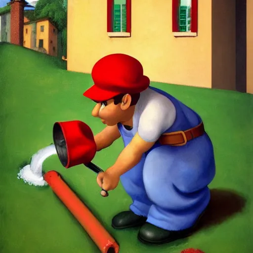 Image similar to an italian plumber with a red hat emerges from a green city pipe by Raphael, Hopper, and Rene Magritte. detailed, romantic, enchanting, trending on artstation.