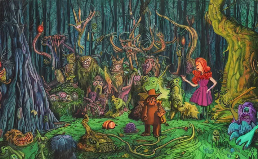 Image similar to a scene of colorful cartoon monsters in the clearing of a dark fantasy forest surrounded by darkness. hyperrealist illustration. muted colors. 1 9 7 0's pulp science fiction and fantasy cartoon for alice in wonderland and wizard of oz. highly detailed and richly colored painting by don ivan punchatz