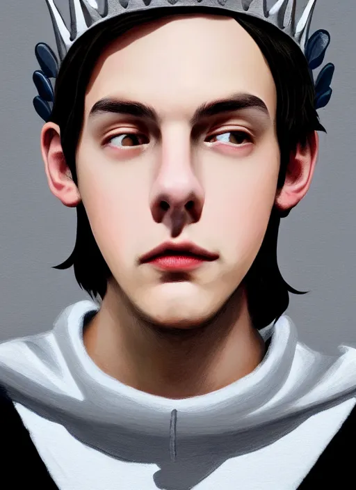 Image similar to portrait of teenage jughead jones wearing a light grey crown, photorealistic, crown, eyes closed, crown, black hair, sweater with letter s on it, letter s, intricate, elegant, glowing lights, highly detailed, digital painting, artstation, concept art, smooth, sharp focus, illustration, art by wlop, mars ravelo and greg rutkowski