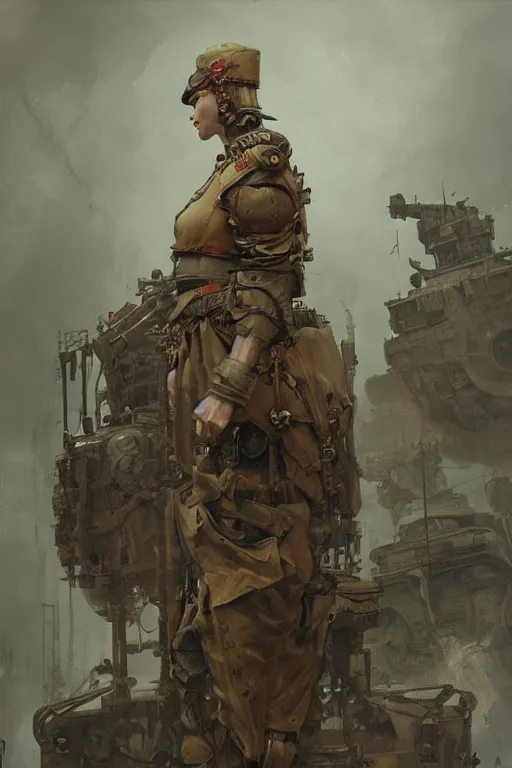 Image similar to dieselpunk military character concept art, painted by ruan jia, raymond swanland, lawrence alma tadema, zdzislaw beksinski, norman rockwell, jack kirby, tom lovell, alex malveda, greg staples