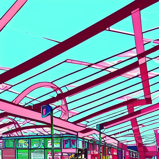 Prompt: mall, truss building, red trusses, complex truss roof, truss ceiling, building, geodesic building, cel - shading, 2 0 0 1 anime, flcl, jet set radio future, the world ends with you, bright sunshine, cel - shaded, strong shadows, vivid hues, y 2 k aesthetic, art by artgerm