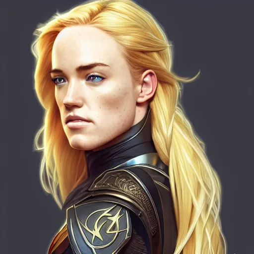 Image similar to Caity Lotz with blonde hair as Power Girl, western, D&D, fantasy, intricate, elegant, highly detailed, digital painting, artstation, concept art, matte, sharp focus, illustration, art by Artgerm and Greg Rutkowski and Alphonse Mucha