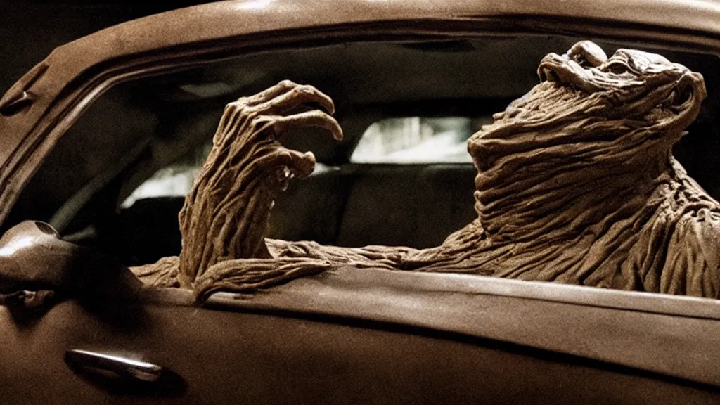 Image similar to the creature sits in a car, made of clay and oil, film still from the movie directed by Denis Villeneuve with art direction by David Cronenberg, wide lens