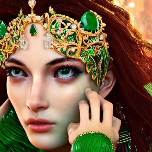 Image similar to photograph of wonderful princess with smooth fair skin, alluring eyes, green jewelry, breathtaking, elegant, ornate, intricate, hyper detailed, accent lighting, dramatic light, 4 k octane render