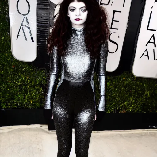 Image similar to lorde wearing goth makeup and a silver bodysuit with black platform boots