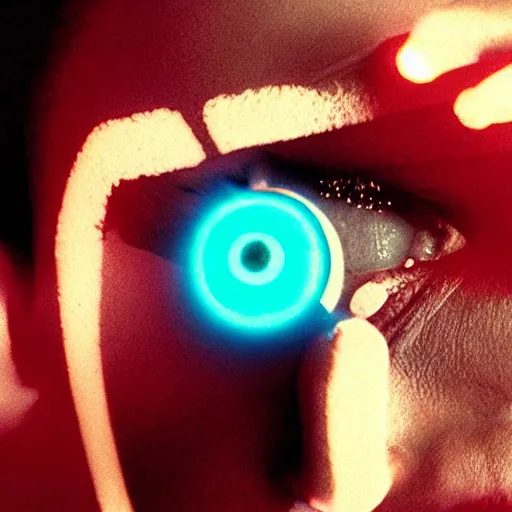 Image similar to movie still of cyborg with glowing third eye, cinematic composition, cinematic light, criterion collection, by edgar wright