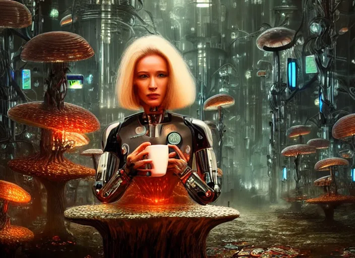 Prompt: photo of an intricate and sophisticated terminator woman with borg enhancements, blonde hair sitting on a giant mushroom in a weird magical mechanical forest and drinking a cup of tea. Very detailed 8k. Fantasy cyberpunk horror. Sharp. Very detailed facial complexion