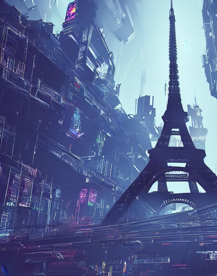 Prompt: a cyberpunk eiffel tower, cyberpunk sci - fu world