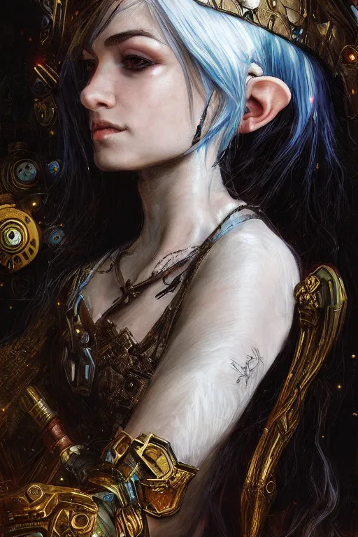 Image similar to portrait of beautiful young elf maiden with white hairs, cyberpunk, Warhammer, highly detailed, artstation, illustration, art by Gustav Klimt