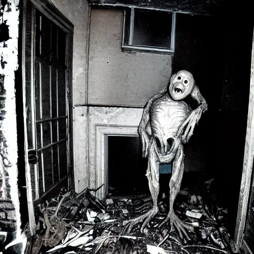 Image similar to 1 9 8 3, found footage, old abandoned house, creepy mutant flesh creature, flesh blob, smiling