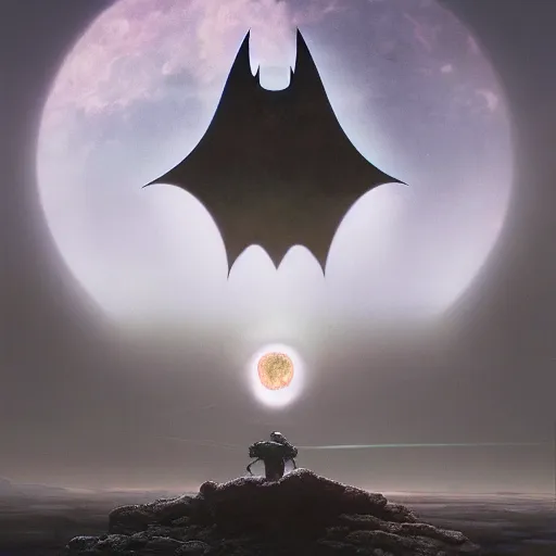 Prompt: psychedelic concept art illustration of Batman with a dark moon in the far distance, trending on artstation, by zdzisław beksiński, 3d render, octane render, intricately detailed artwork, full 8k high quality resolution, recently just found unknown masterpiece