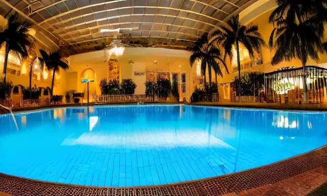 Image similar to indoor pool with ferns and palm trees at night, shops, pool tubes, chromatic abberation, dramatic lighting, dim lighting, horror lighting, depth of field, 80s photo, wideangle, fisheye