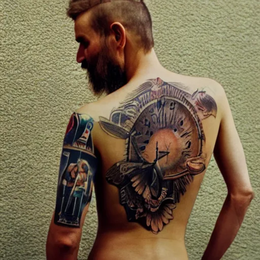 prompthunt: a good morning tattoo on his back, by annie leibovitz and steve  mccurry, natural light canon eos c 3 0 0, 3 5 mm, 8 k, medium - format print