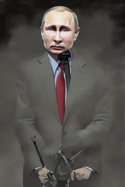 Prompt: Putin inhaling from Copium tank, digital painting