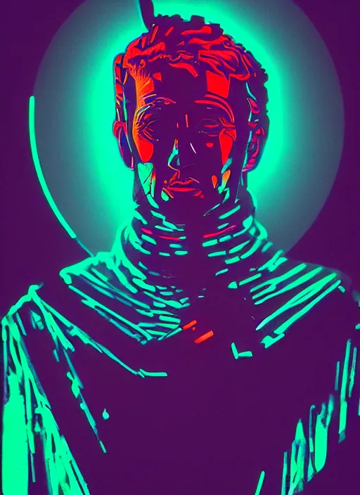 Image similar to statue of julius caesar, beeple, android jones, dan mumford, vaporwave, retrowave, black background, neon wiring, black, glitch, strong contrast, cuts, pinterest, trending on artstation