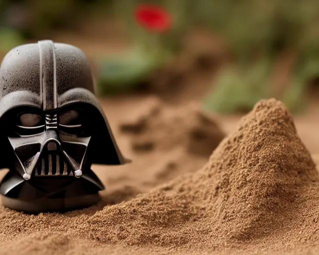 Image similar to 8 5 mm food photography of darth vader made of sand near a garden with dof and bokeh and flowers o