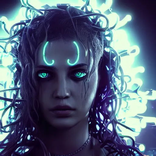 Image similar to Cyberpunk medusa, dark atmosphere, cinematic shot, glamour, intricate, ornate, photorealistic, ultra detailed, realistic, 35mm, photography, neon, octane, high definition, depth of field, bokeh, 8k, artstation