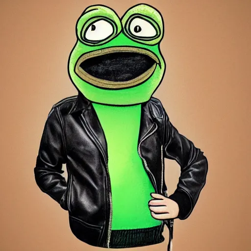 Image similar to pepe the frog head from 4chan on the body of a cartoon dog wearing a leather jacket and jeans