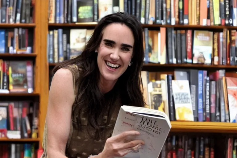 Image similar to jennifer connelly smiling and reading a book in a bookshop