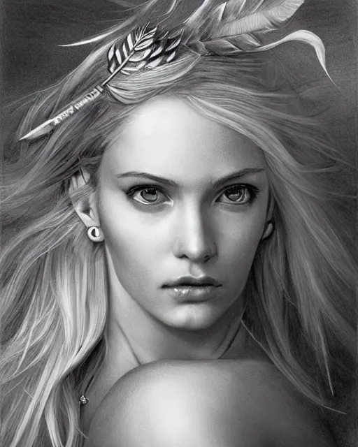 Prompt: pencil drawing of beautiful greek goddess aphrodite with arrowhead earrings and beautiful feather jewelry, beautiful piercing eyes, beautiful blonde hair flying in the wind, hyper realistic face, in the style of greg rutkowski, fantasy, amazing detail, epic, elegant, smooth, sharp focus, from the front