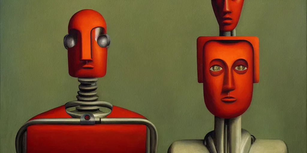 Image similar to super - intelligent robot with kind eyes portrait, grant wood, pj crook, edward hopper, oil on canvas