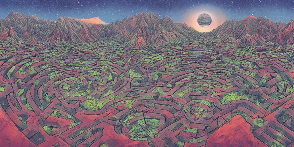 Prompt: the grand landscape of the endless scifi maze, art by kotaro chiba