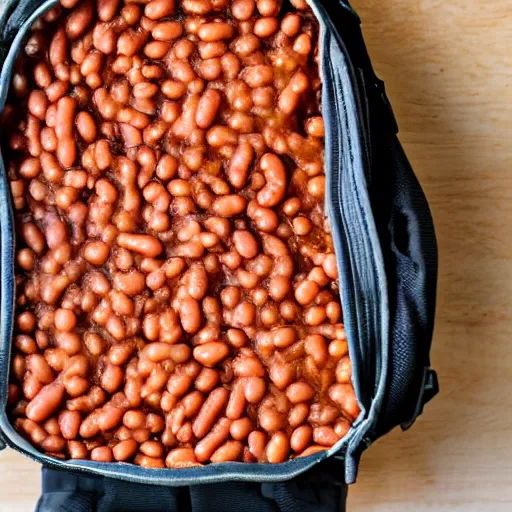 Prompt: a backpack full of baked beans