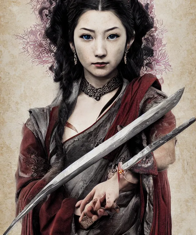 Prompt: photo painting buddhist portrait of a noble young woman with a sword in style of game art lord of the rings banner saga ashes of gods gantz miura kentaro photorealistic steampunk frank miller alex ross trending